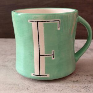 Anthropologie Sea Green "F" Monogram Hand Painted Ceramic Mug 12-14oz. 3.75"